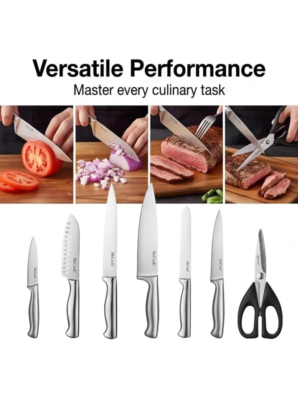 Premium Kitchen Knife Set with Block & Built-in Sharpener - Stainless Steel